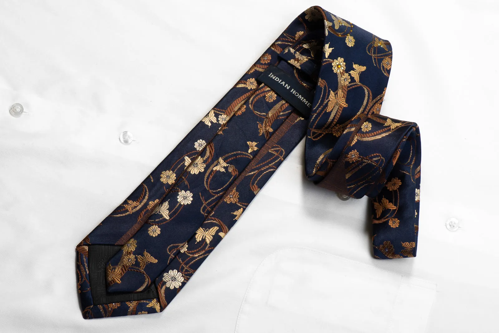 Indian Homme Rhinestone Silk Necktie Golden Butterflies Floral On Navy With Sparkles