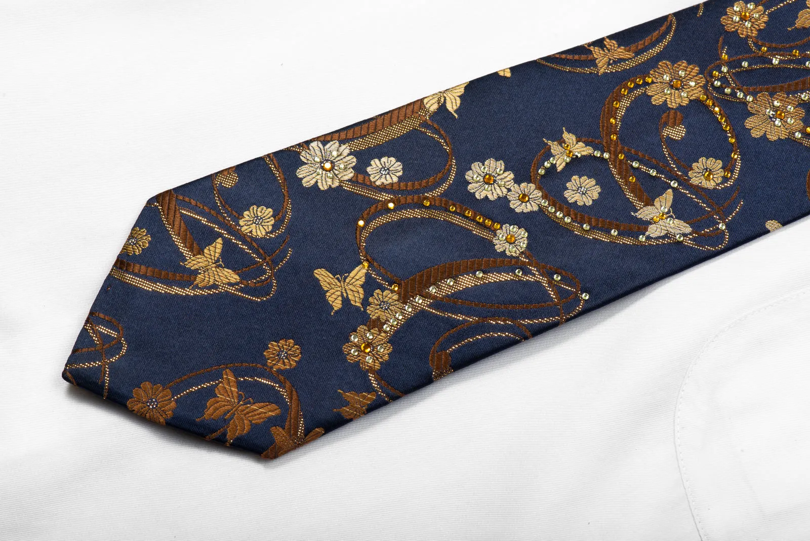 Indian Homme Rhinestone Silk Necktie Golden Butterflies Floral On Navy With Sparkles