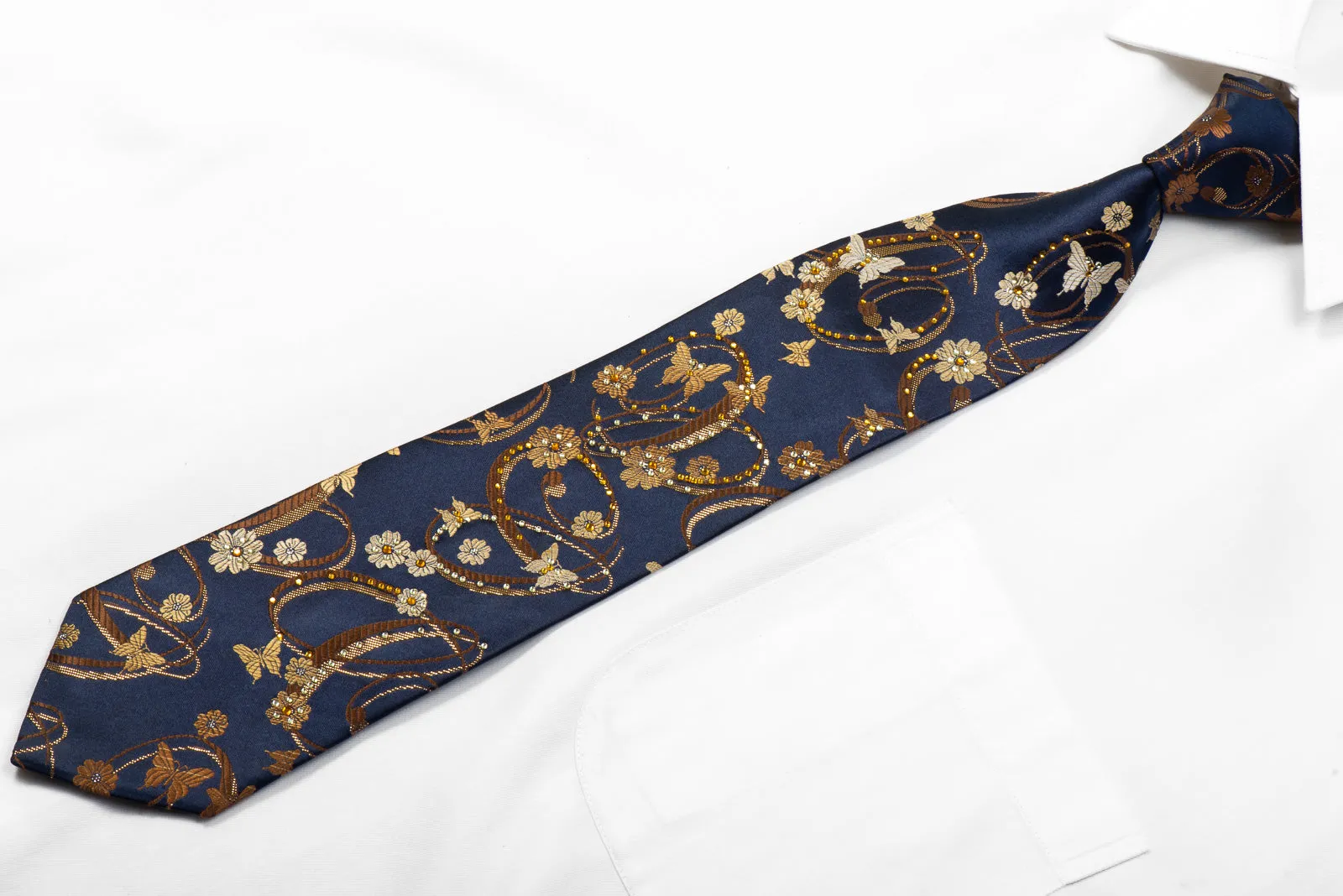 Indian Homme Rhinestone Silk Necktie Golden Butterflies Floral On Navy With Sparkles