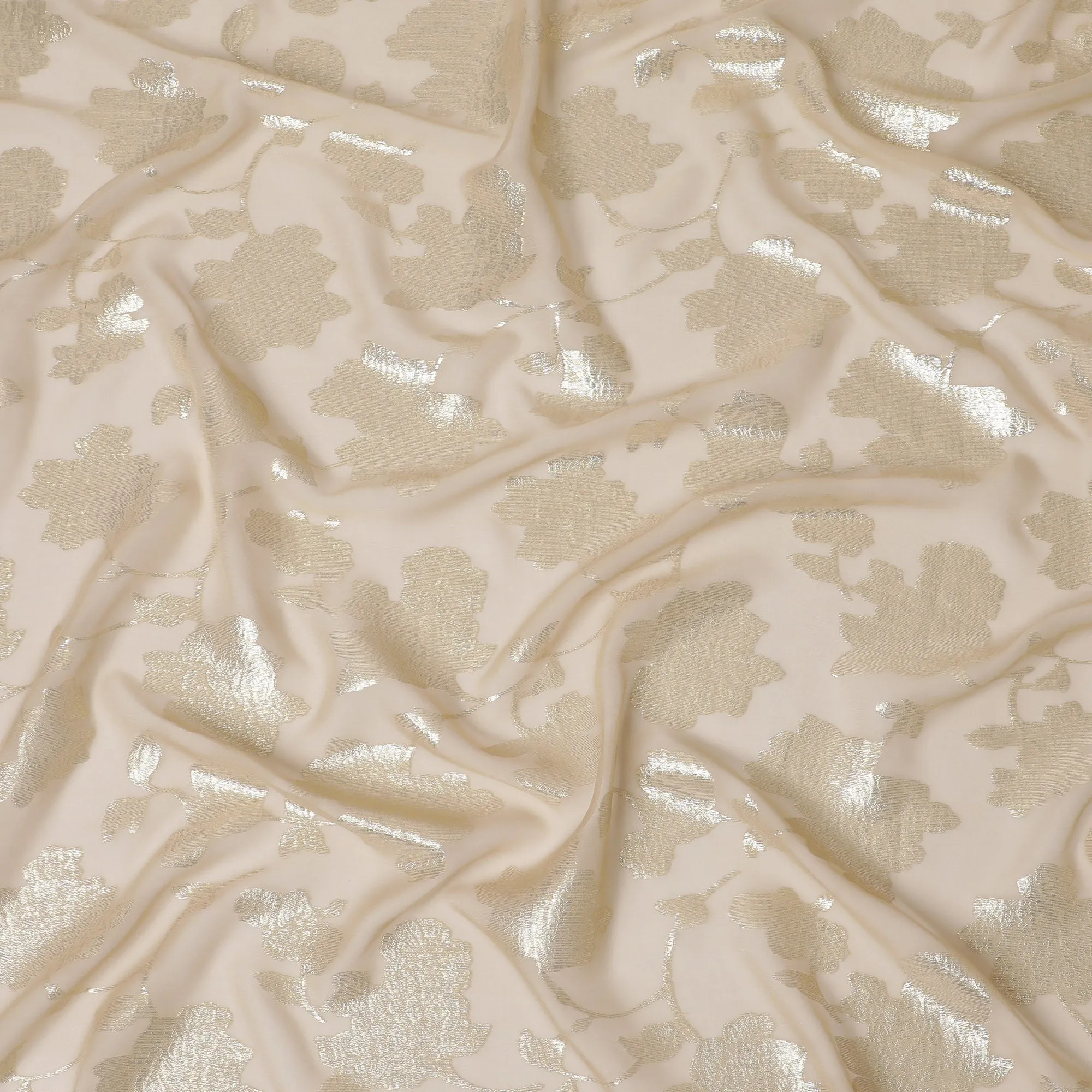 Ivory Silk Chiffon Metallic Floral Fabric with metallic lurex - 110 cm Wide-D20026