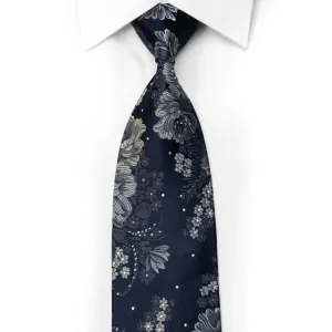 Lancetti Rhinestone Silk Necktie Silver Floral On Navy