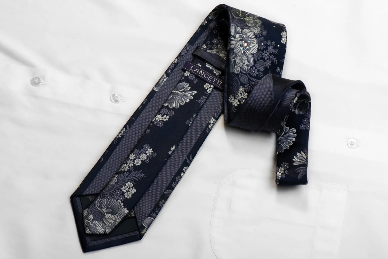 Lancetti Rhinestone Silk Necktie Silver Floral On Navy