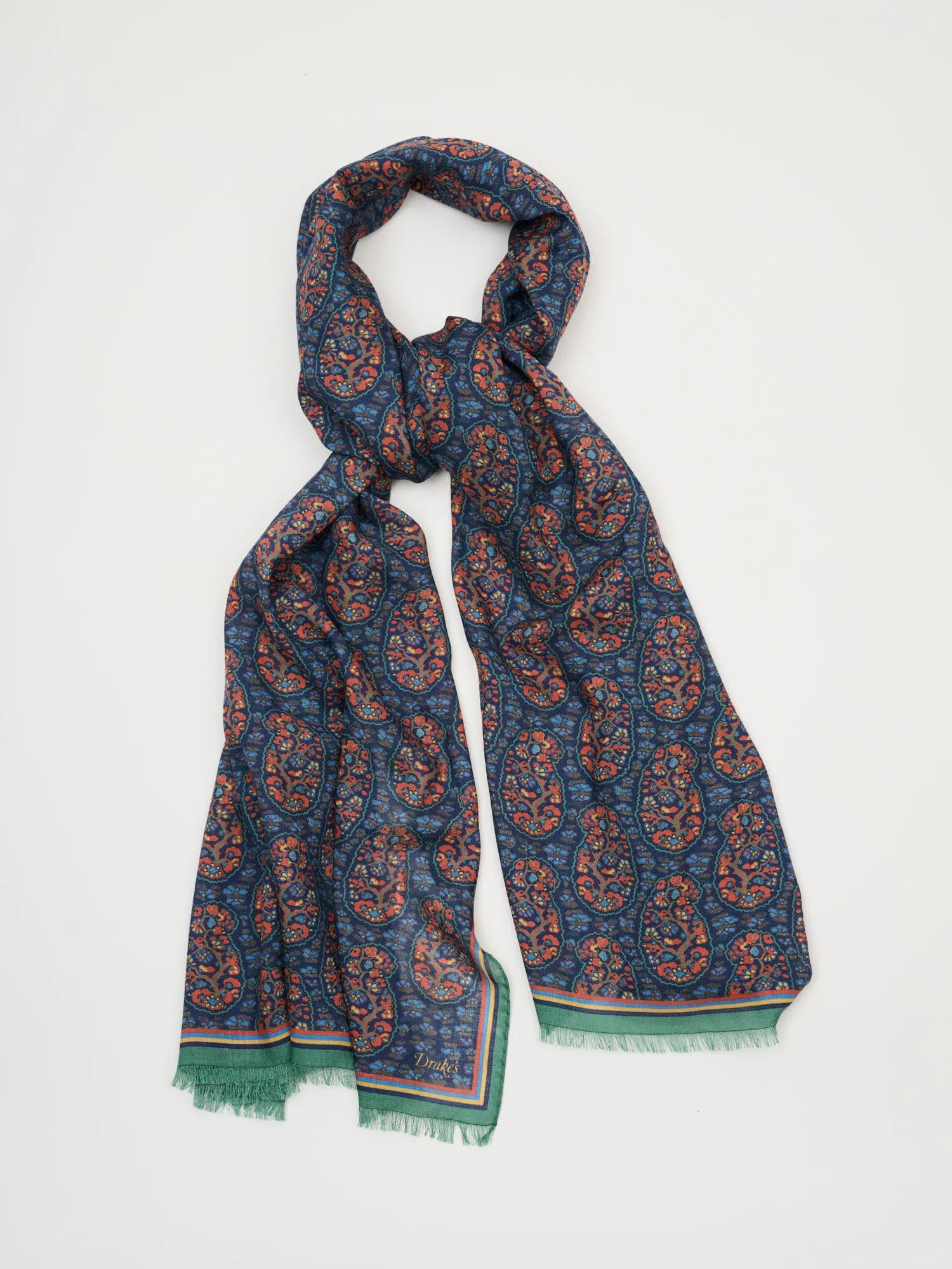 Large All Over Paisley Wool Silk Scarf, Navy & Green