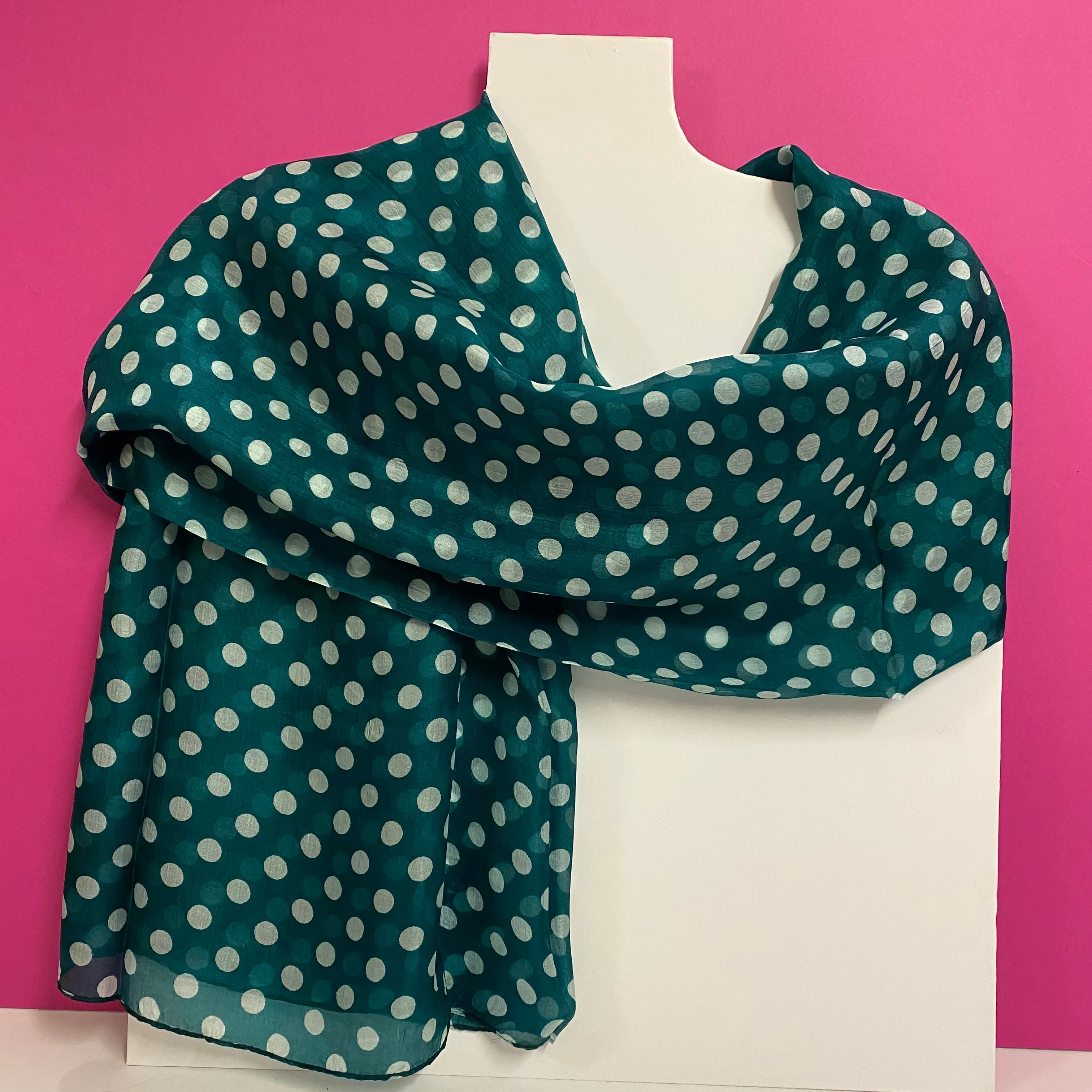 Long Silk Scarf - Green Polka Dot