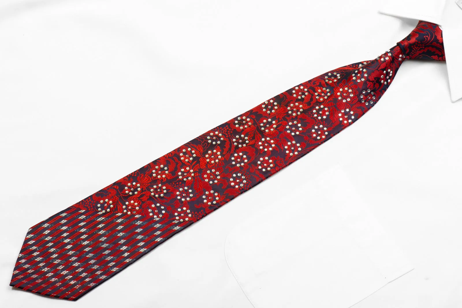 Man Road Rhinestone Silk Necktie Red Floral On Navy With Silver Sparkles