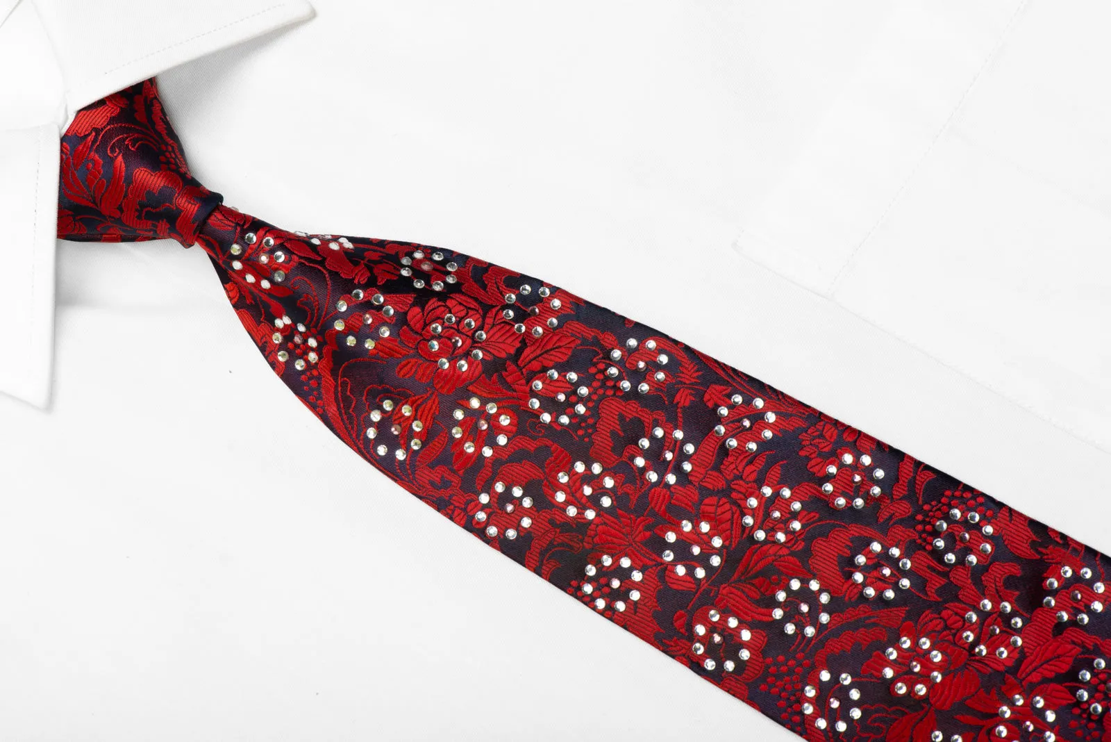 Man Road Rhinestone Silk Necktie Red Floral On Navy With Silver Sparkles