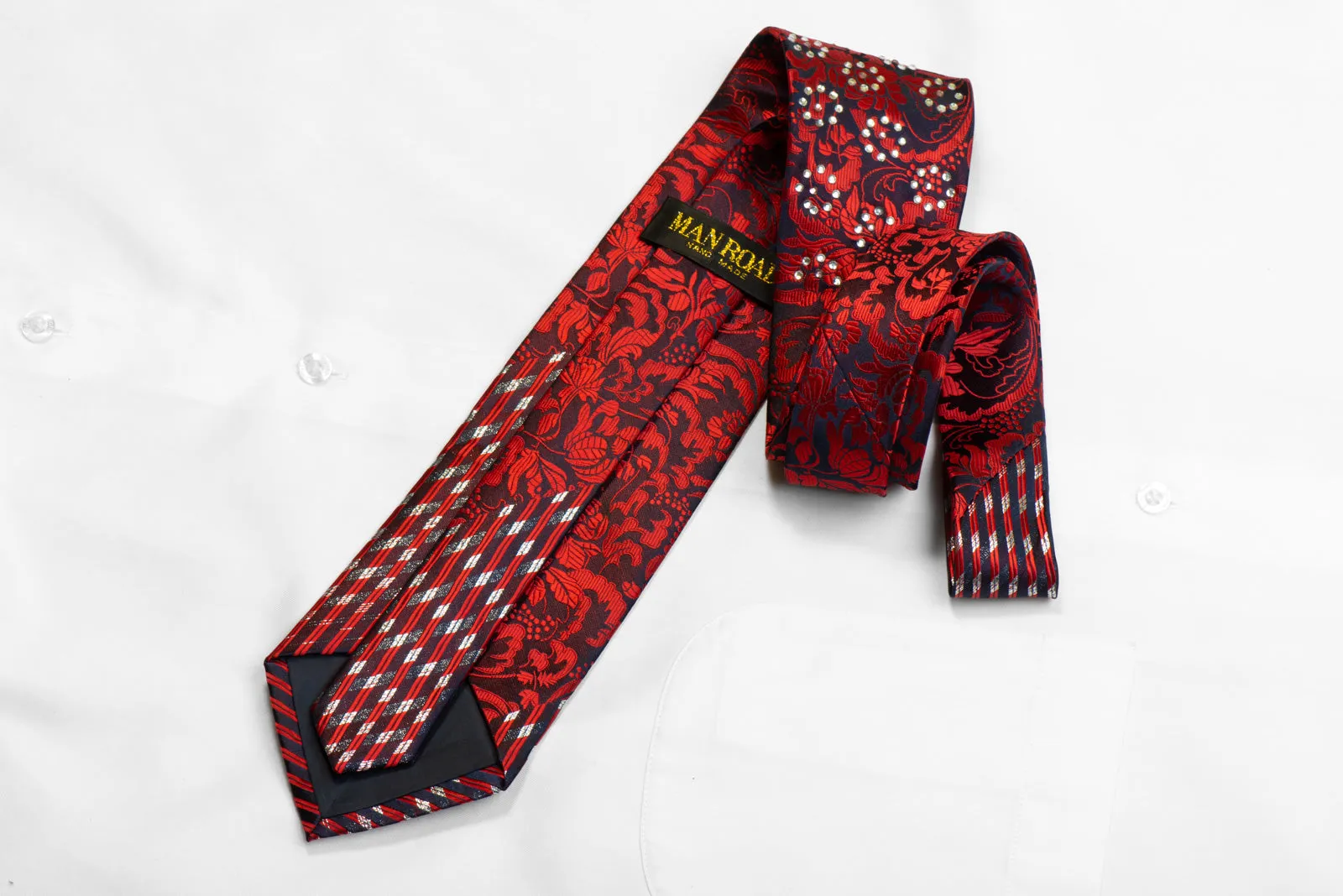 Man Road Rhinestone Silk Necktie Red Floral On Navy With Silver Sparkles