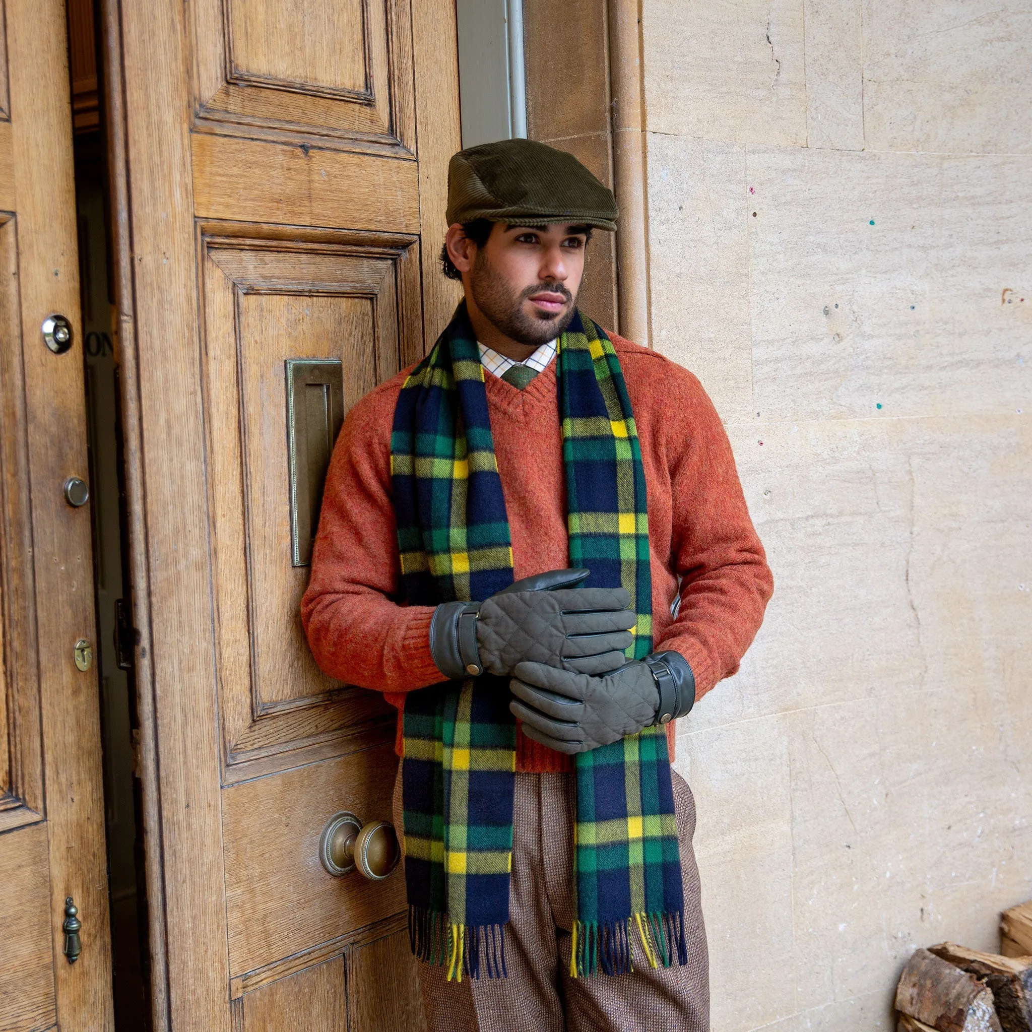 Men's Touchscreen Water-Resistant Lined Leather Gloves with Waxed Cotton Quilting