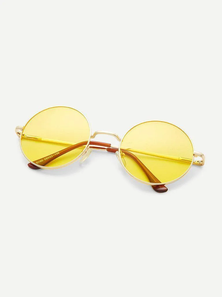 Metal Frame Yellow Round Lens Retro Style Sunglasses