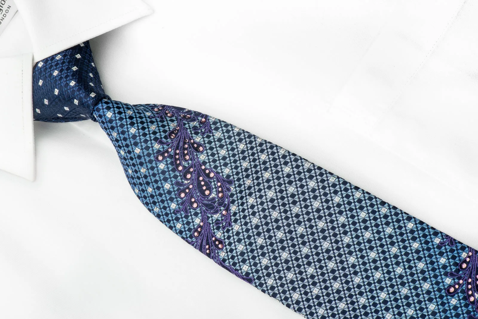 Micheal Angelo Men's Crystal Tie Geometric On Blue Silk With Silver Sparkles