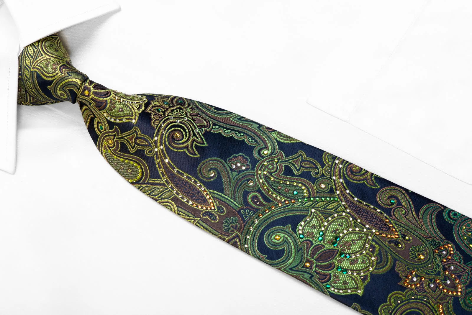 Mila Schon Silk Necktie Green Paisley On Navy With Sparkles & Rhinestones