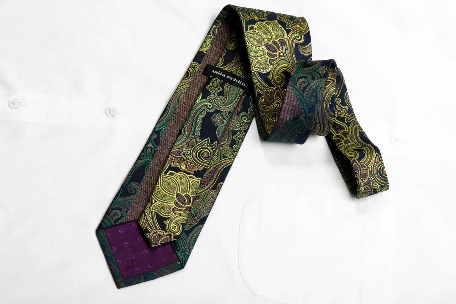 Mila Schon Silk Necktie Green Paisley On Navy With Sparkles & Rhinestones