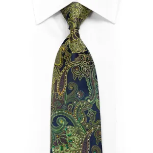 Mila Schon Silk Necktie Green Paisley On Navy With Sparkles & Rhinestones