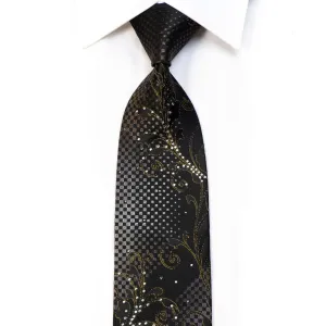 Nicole St Giles Rhinestone Silk Necktie Acanthus On Black With Gold Sparkles