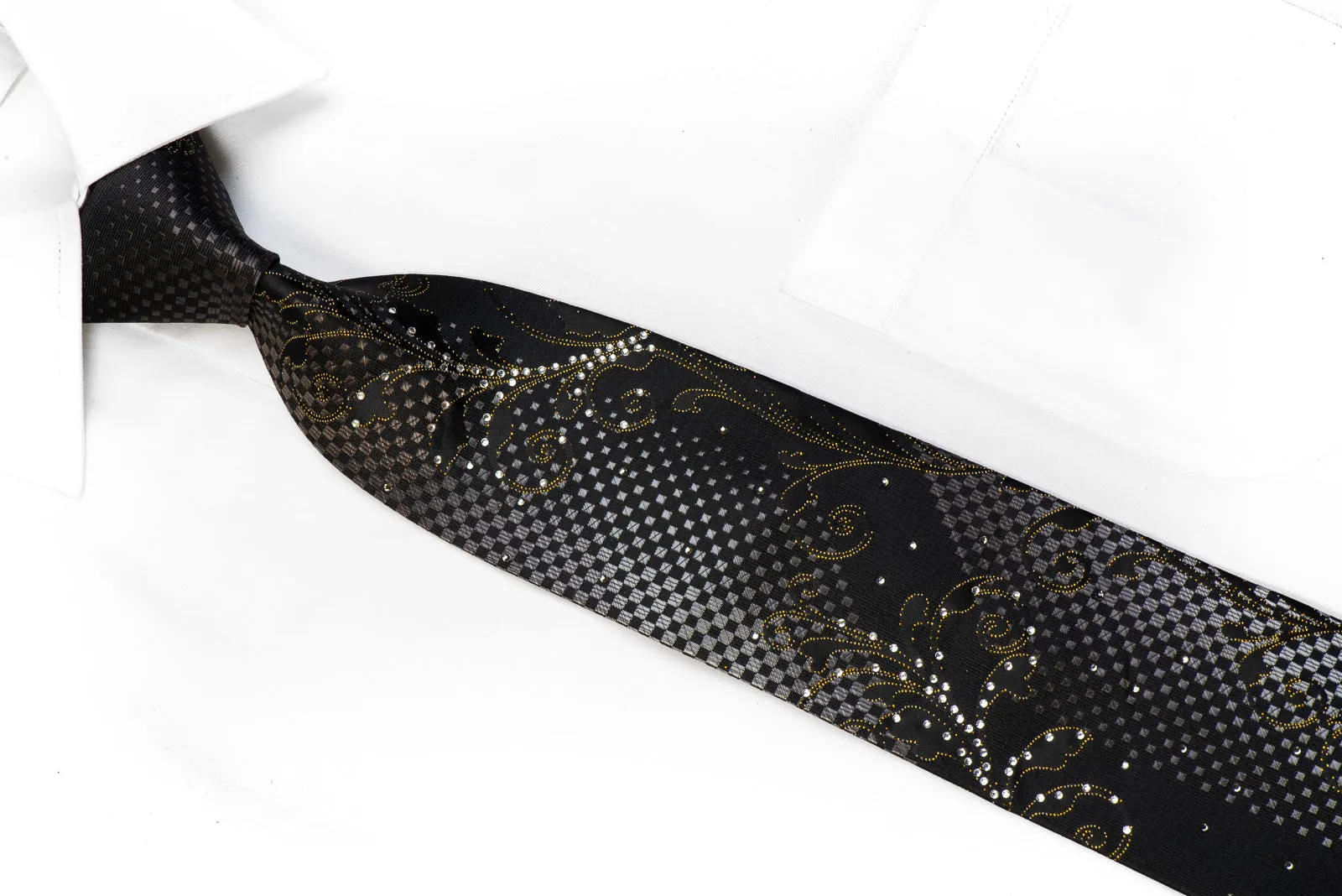 Nicole St Giles Rhinestone Silk Necktie Acanthus On Black With Gold Sparkles