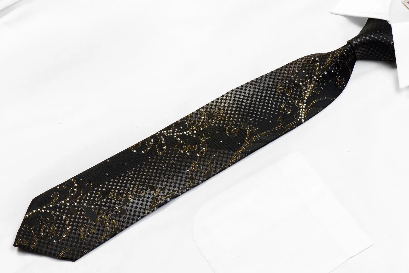 Nicole St Giles Rhinestone Silk Necktie Acanthus On Black With Gold Sparkles