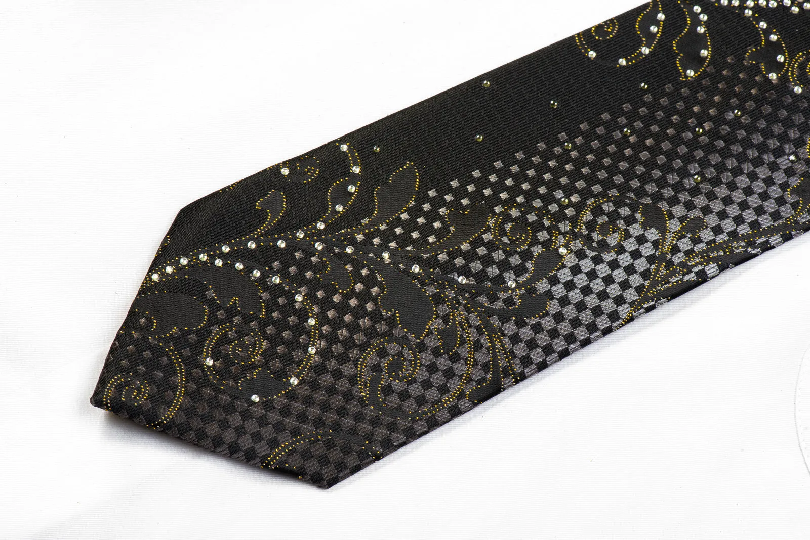 Nicole St Giles Rhinestone Silk Necktie Acanthus On Black With Gold Sparkles