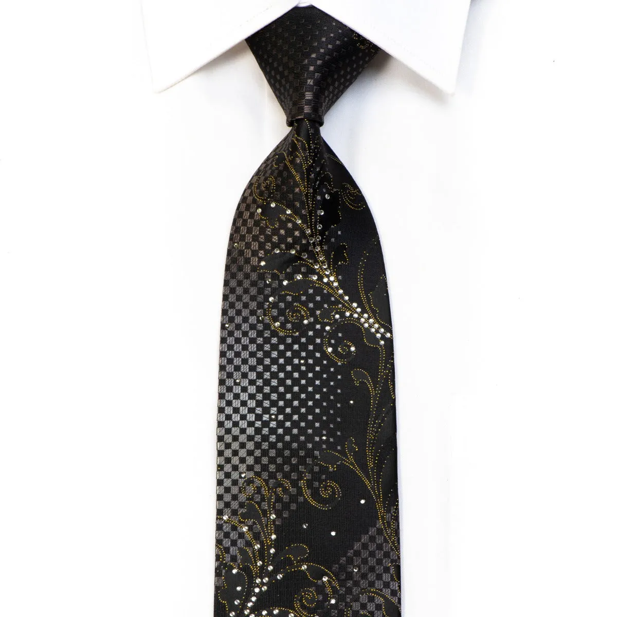 Nicole St Giles Rhinestone Silk Necktie Acanthus On Black With Gold Sparkles