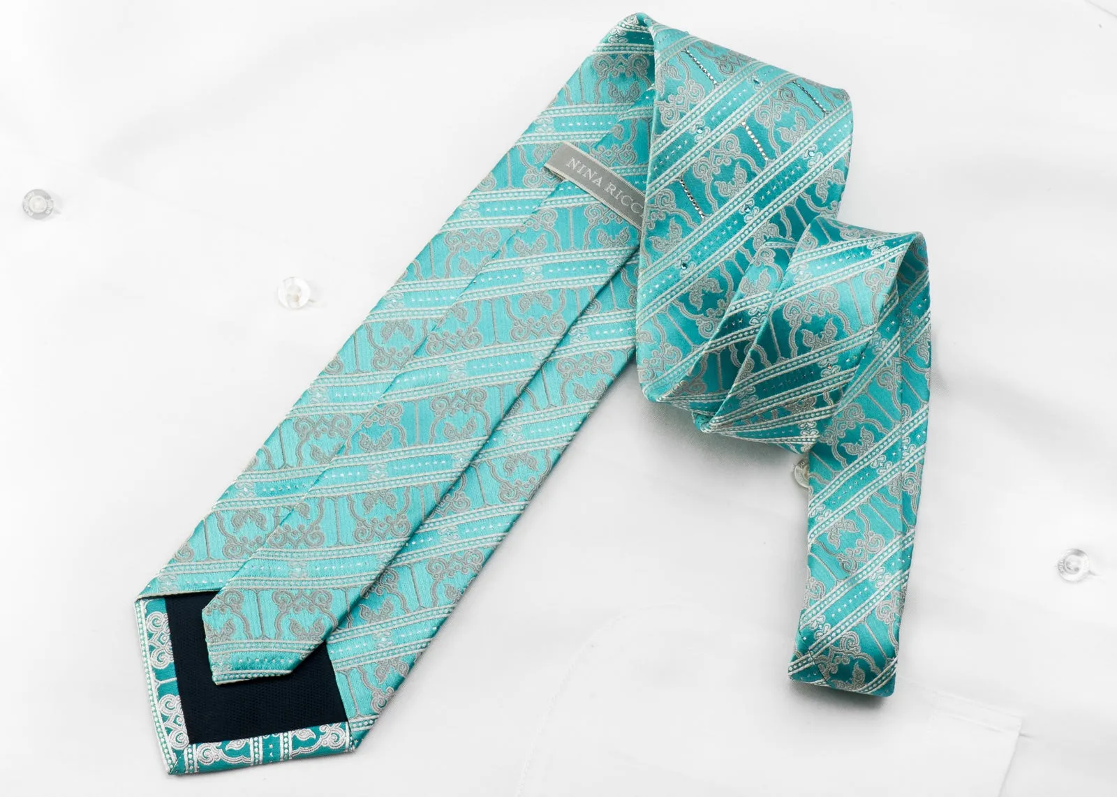 Nina Ricci Men's Crystal Rhinestone Tie White Silver Striped Cartouche On Pale Blue With Sparkles