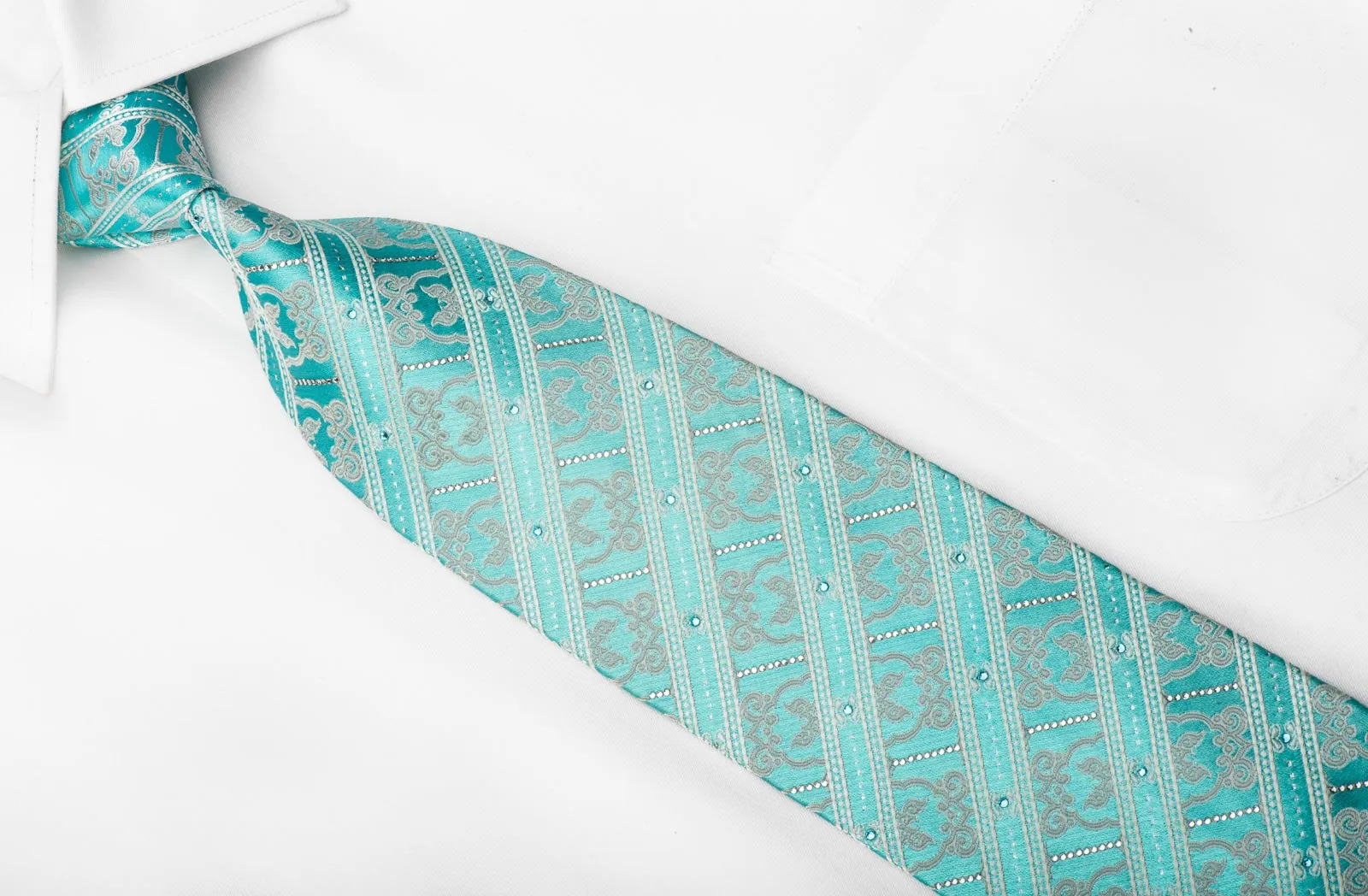 Nina Ricci Men's Crystal Rhinestone Tie White Silver Striped Cartouche On Pale Blue With Sparkles