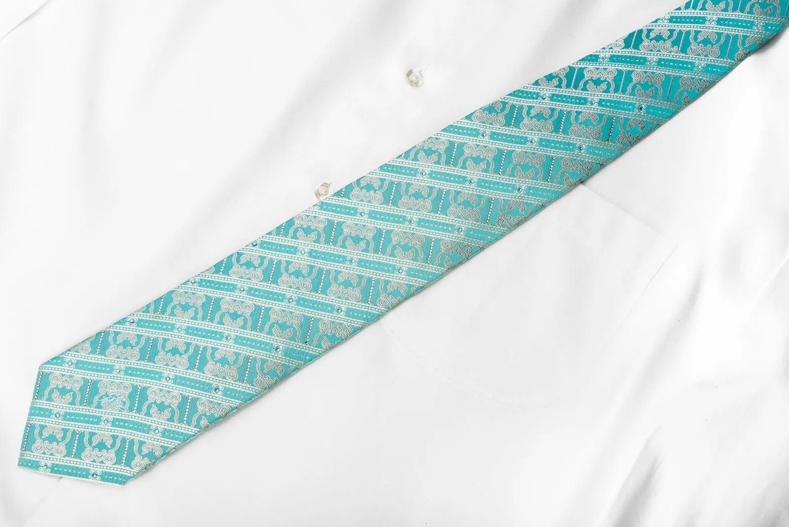 Nina Ricci Men's Crystal Rhinestone Tie White Silver Striped Cartouche On Pale Blue With Sparkles