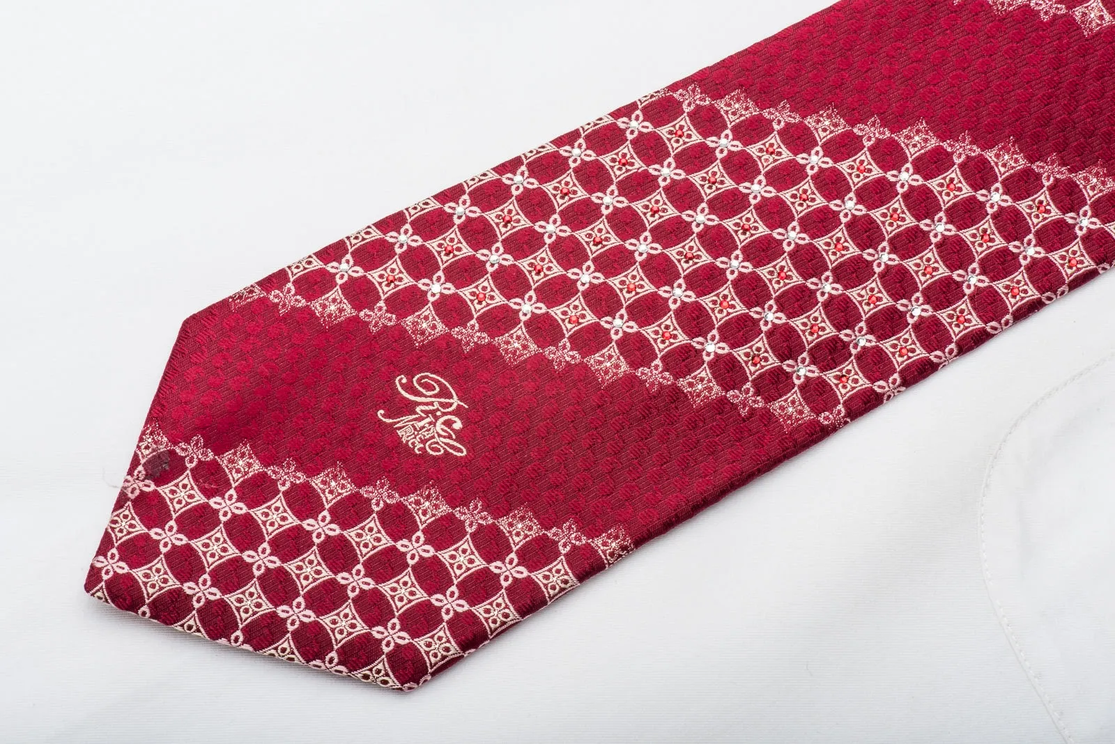 Nina Ricci Mens Rhineston Silk Necktie Gold Geometric On Burgundy With Silver Sparkles