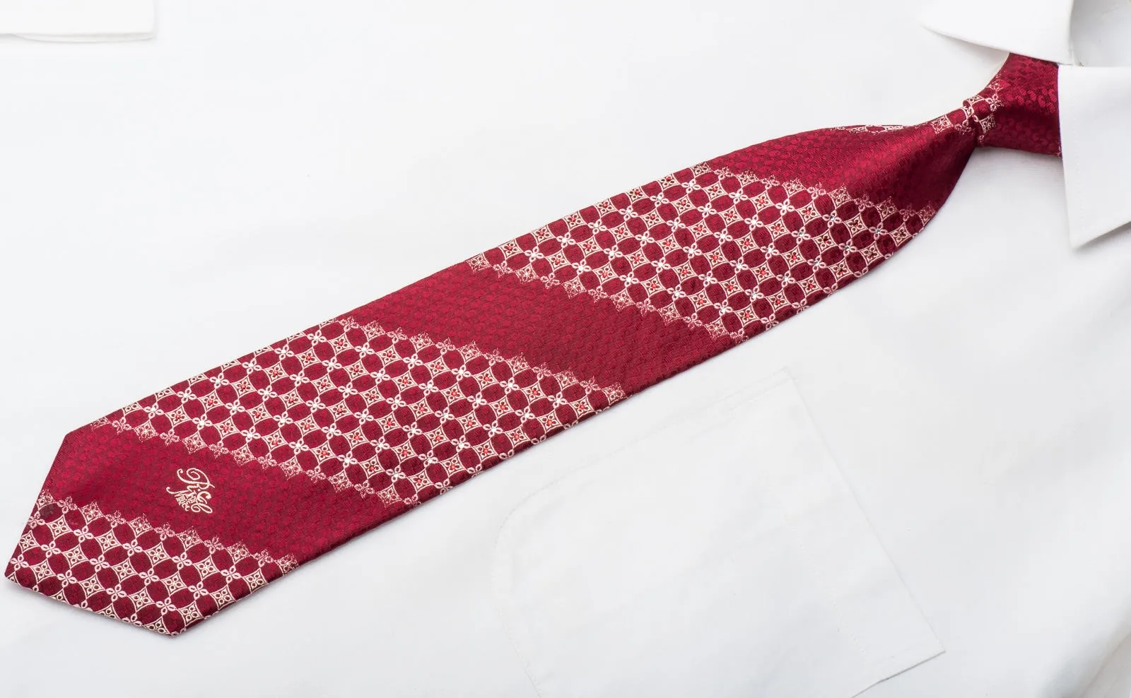 Nina Ricci Mens Rhineston Silk Necktie Gold Geometric On Burgundy With Silver Sparkles