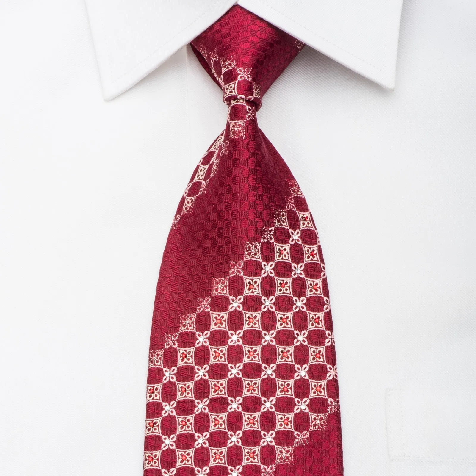 Nina Ricci Mens Rhineston Silk Necktie Gold Geometric On Burgundy With Silver Sparkles