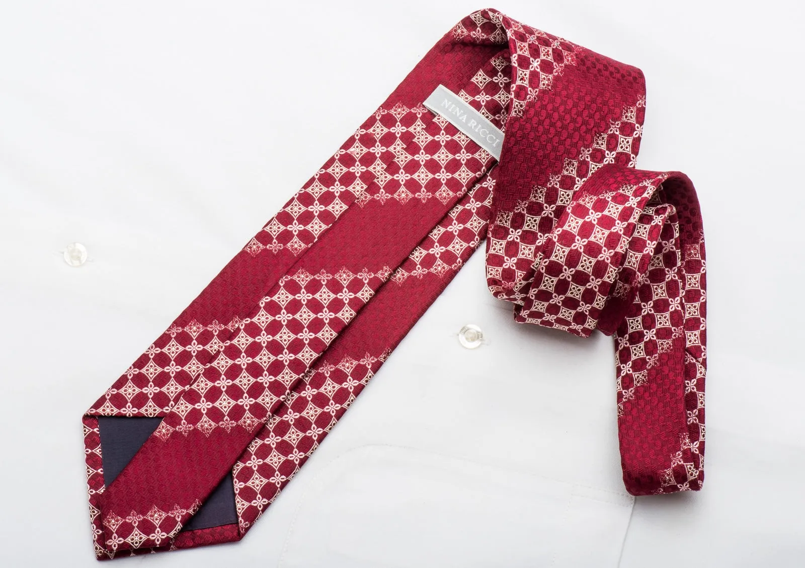 Nina Ricci Mens Rhineston Silk Necktie Gold Geometric On Burgundy With Silver Sparkles