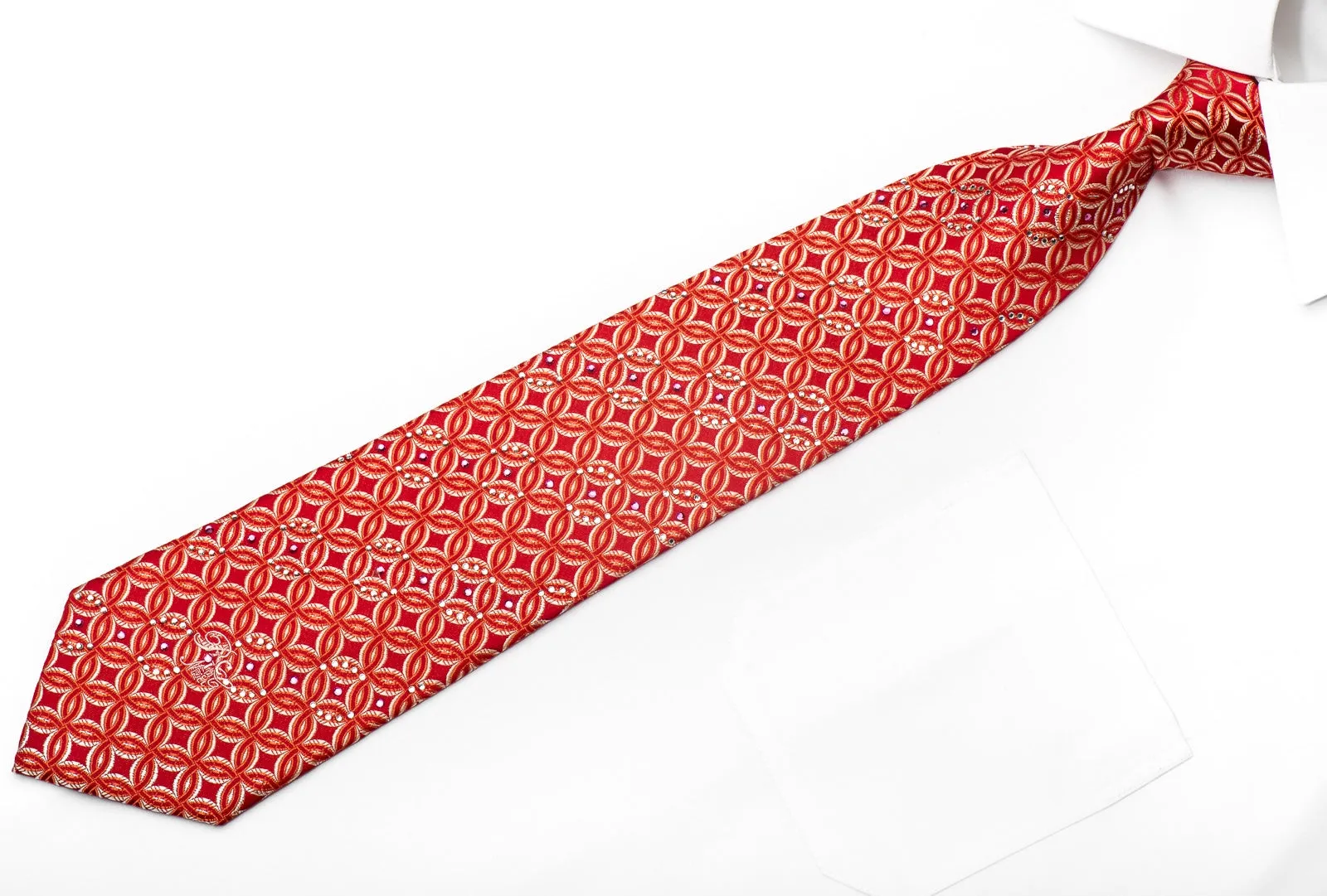 Nina Ricci Men's Silk Diamate Necktie Interlocking Circles On Red With Crystal Rhinestones