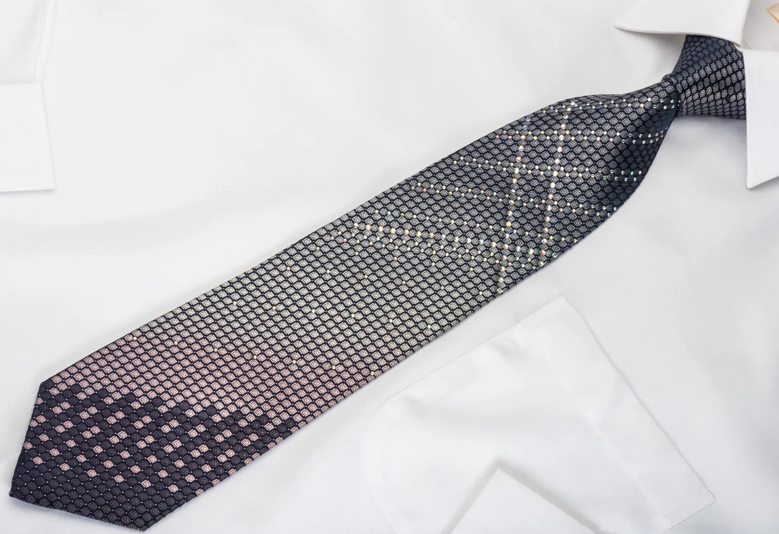 OVO Classic Rhinestone Necktie Silver Geometric On Navy With Silver Sparkles