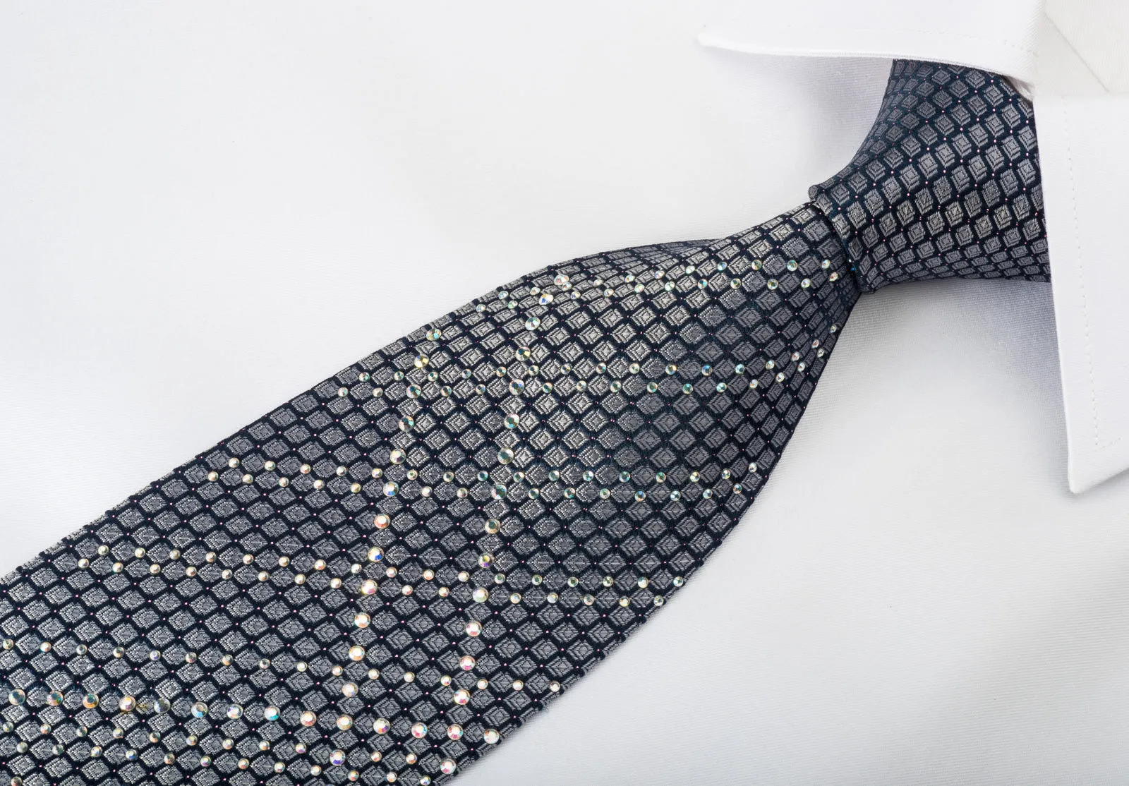 OVO Classic Rhinestone Necktie Silver Geometric On Navy With Silver Sparkles