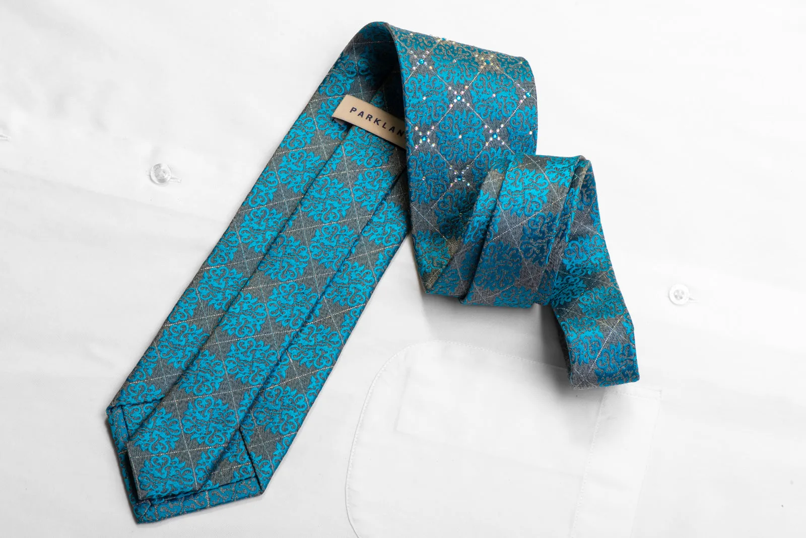 Park Land Rhinestone Silk Necktie Blue Damask On Silver With Sparkles