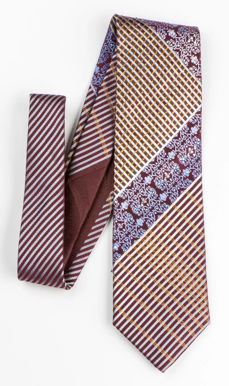 Park Land Silk Tie Silver Stripes On Brown With Golden Sparkles & Rhinestones