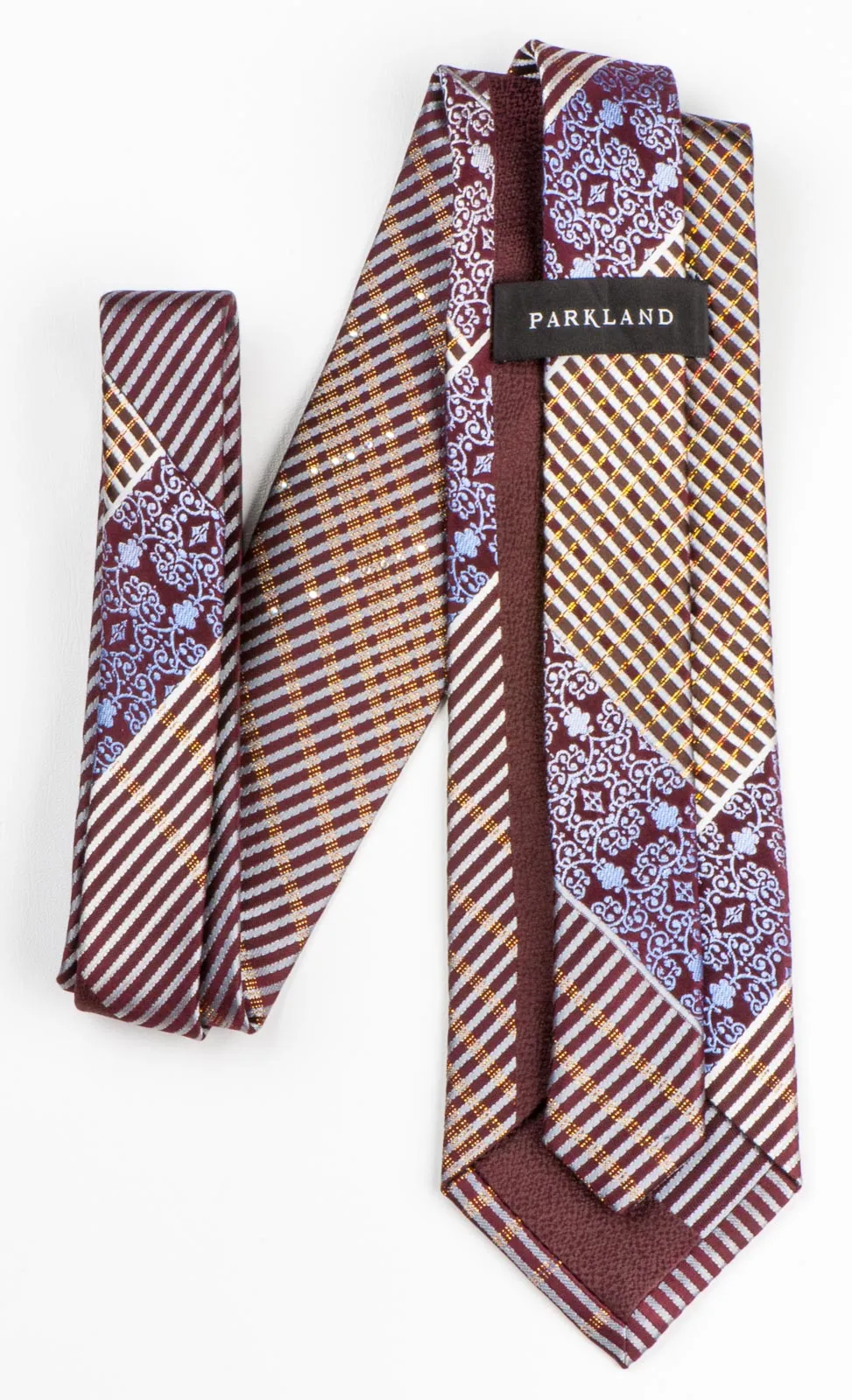 Park Land Silk Tie Silver Stripes On Brown With Golden Sparkles & Rhinestones