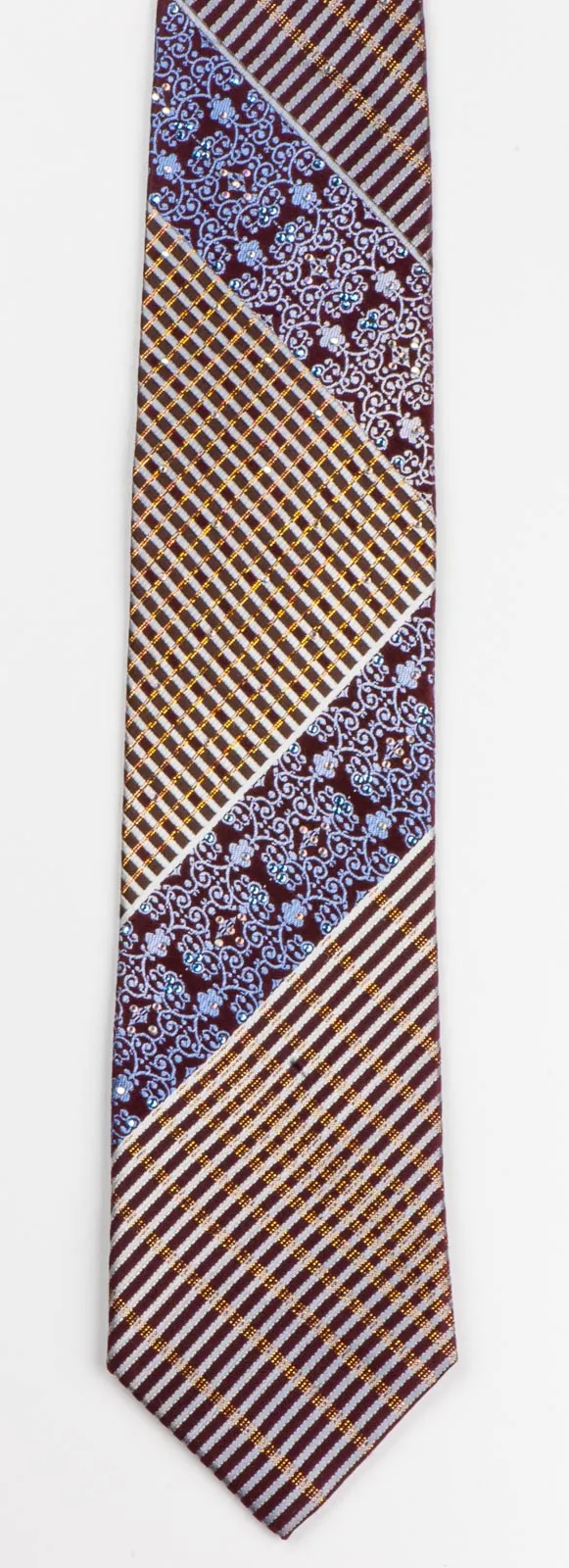 Park Land Silk Tie Silver Stripes On Brown With Golden Sparkles & Rhinestones