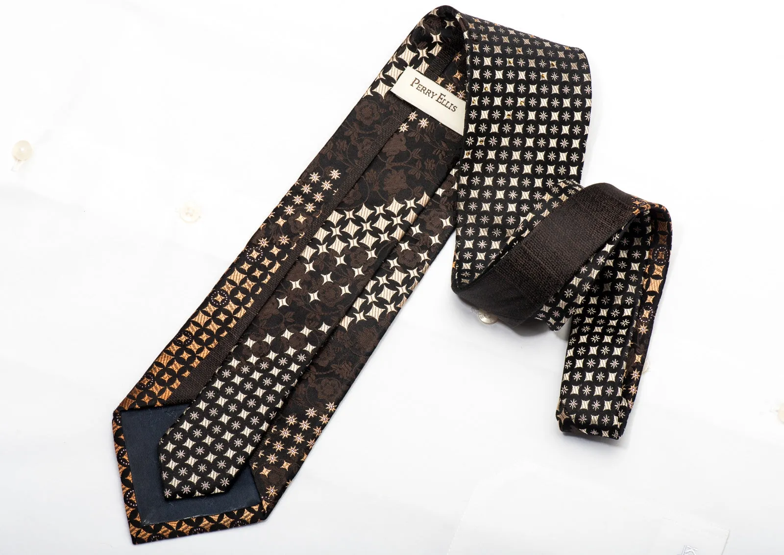 Perry Ellis Men's Silk Necktie Gold Geometric & Floral On Black Sparkling With Rhinestones