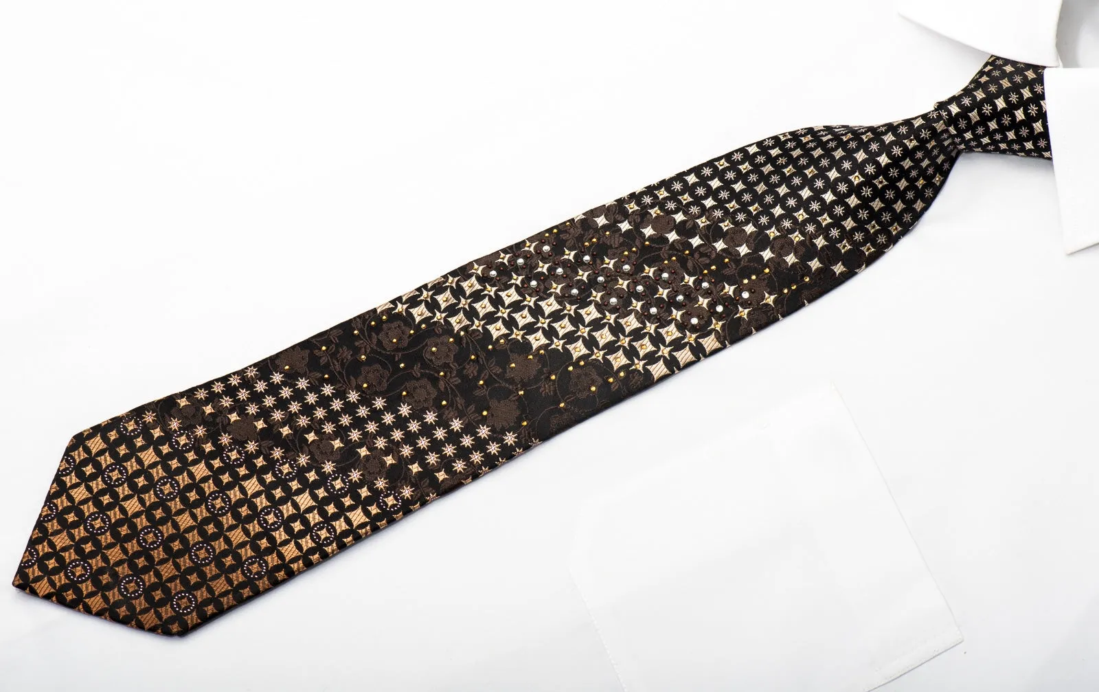 Perry Ellis Men's Silk Necktie Gold Geometric & Floral On Black Sparkling With Rhinestones