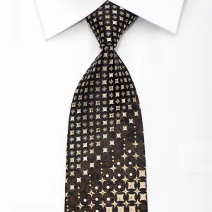 Perry Ellis Men's Silk Necktie Gold Geometric & Floral On Black Sparkling With Rhinestones