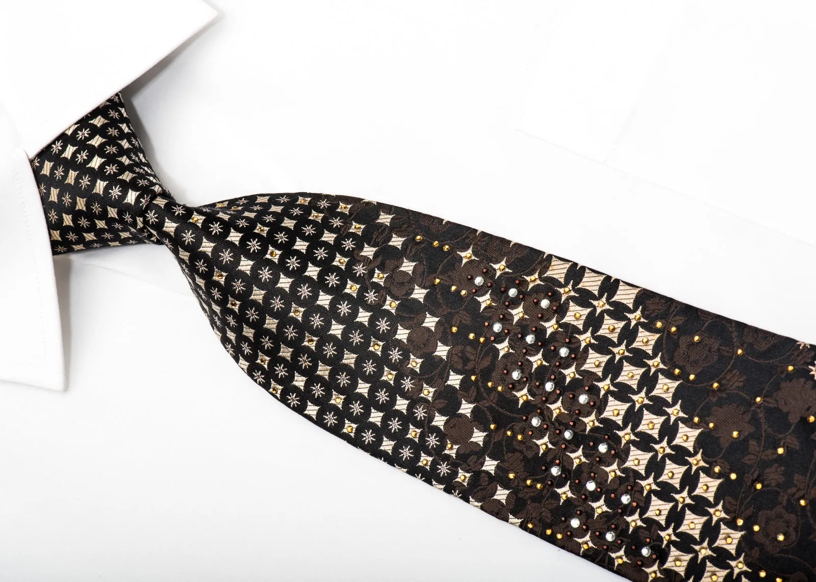 Perry Ellis Men's Silk Necktie Gold Geometric & Floral On Black Sparkling With Rhinestones