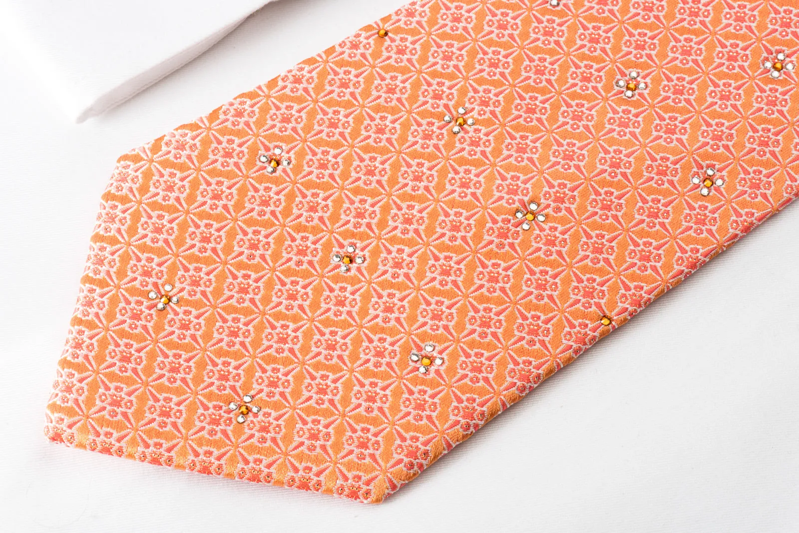 Perry Ellis Silk Rhinestone Necktie Red Foulard On Orange With Silver Sparkles