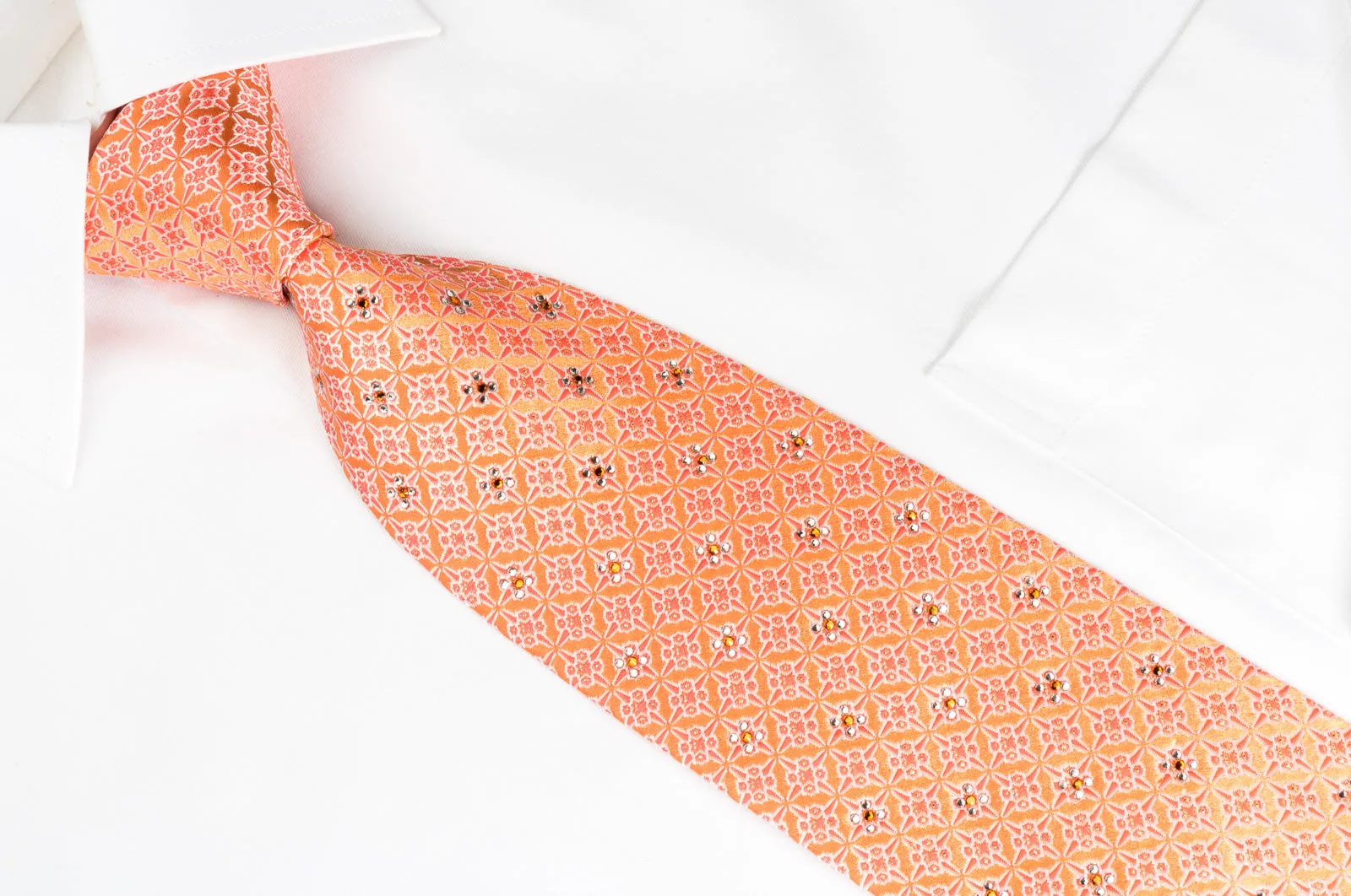 Perry Ellis Silk Rhinestone Necktie Red Foulard On Orange With Silver Sparkles