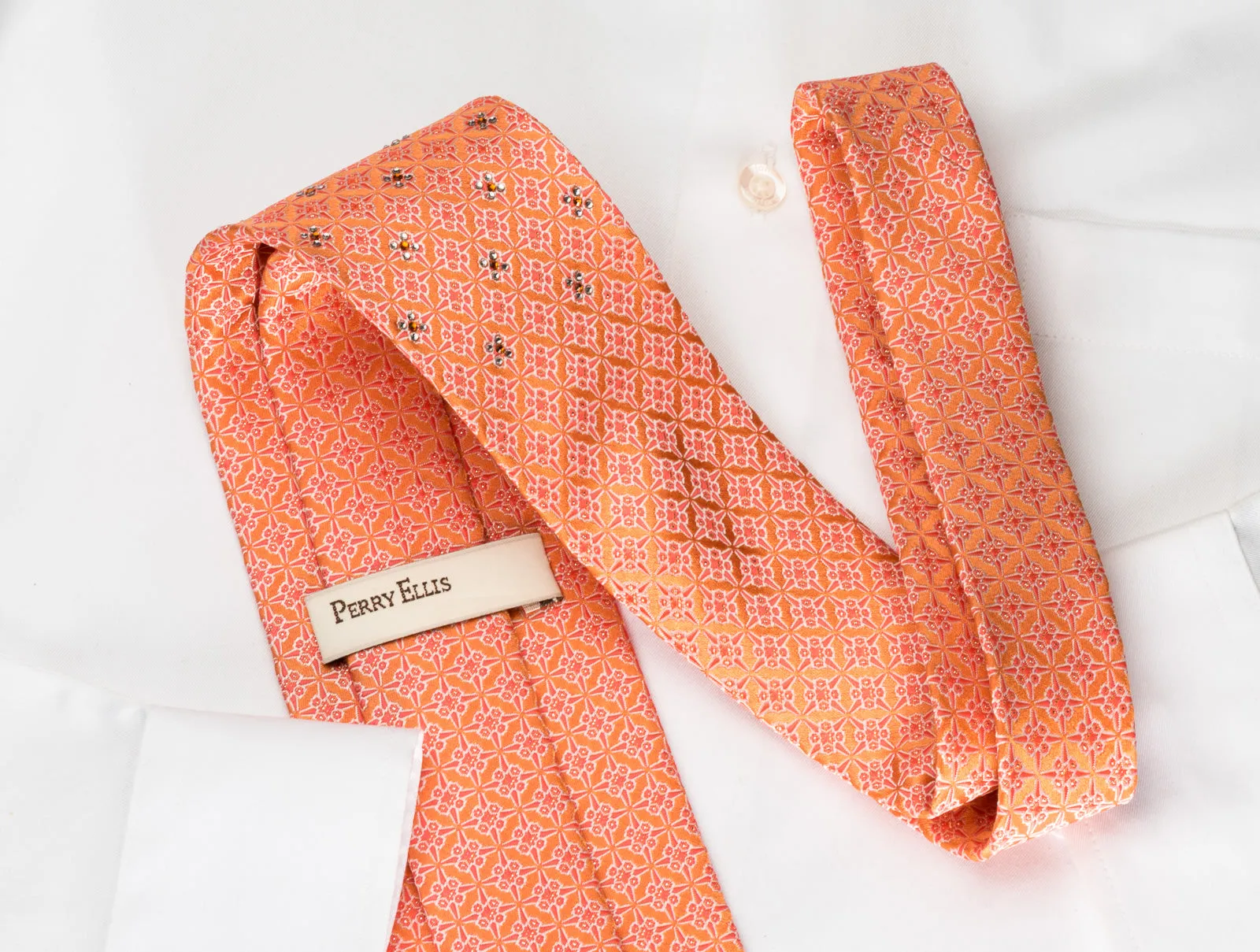 Perry Ellis Silk Rhinestone Necktie Red Foulard On Orange With Silver Sparkles