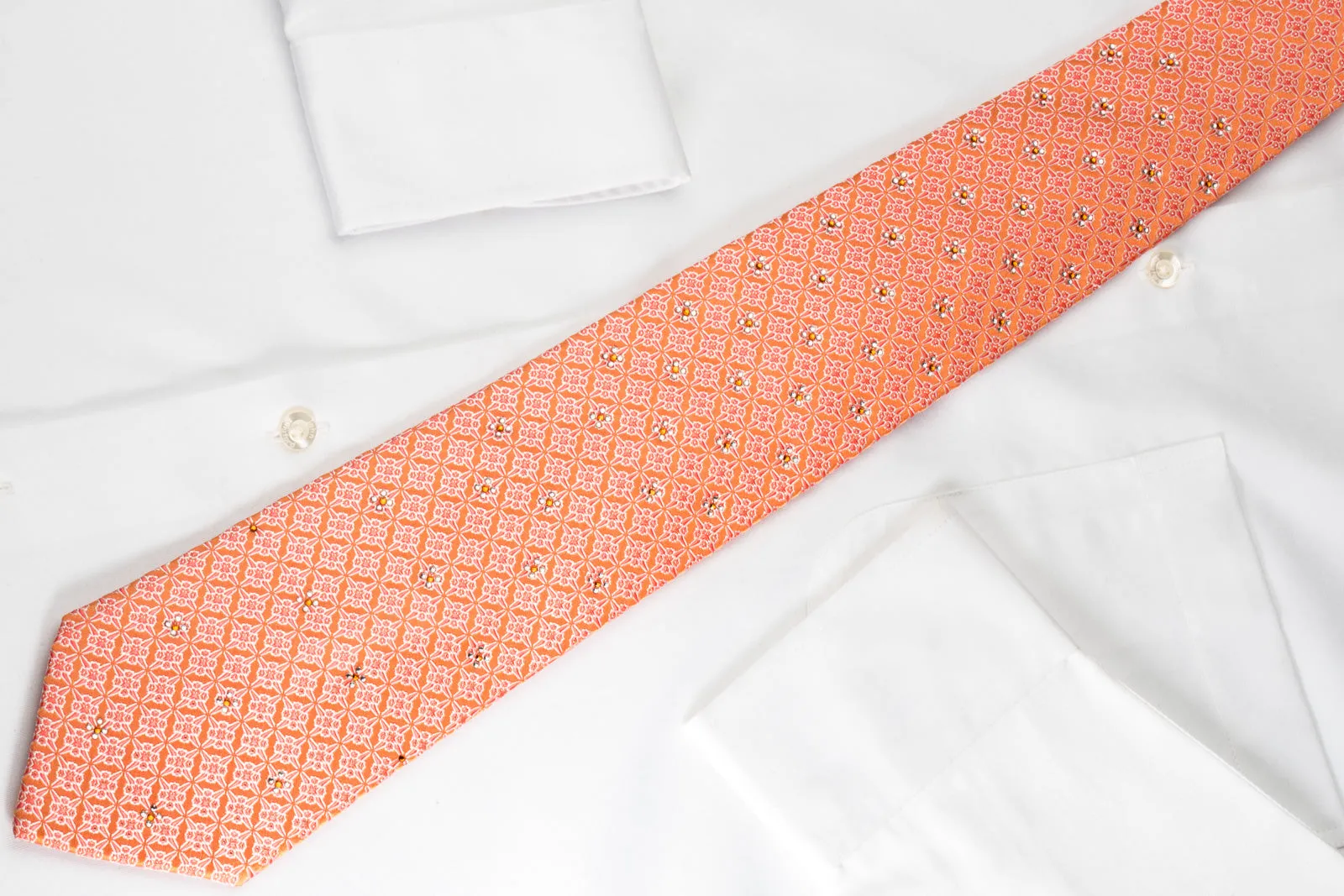 Perry Ellis Silk Rhinestone Necktie Red Foulard On Orange With Silver Sparkles