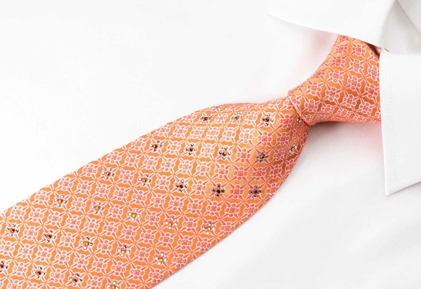 Perry Ellis Silk Rhinestone Necktie Red Foulard On Orange With Silver Sparkles