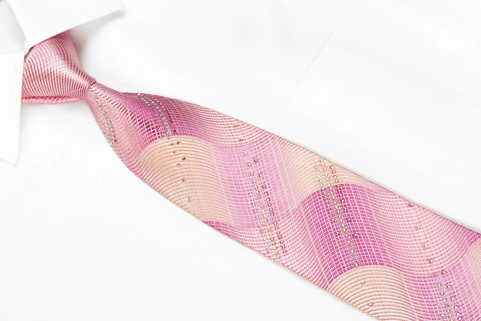 Pierre Cardin Men's Crystal Silk Necktie Waves On Pink With Silver Sparkles