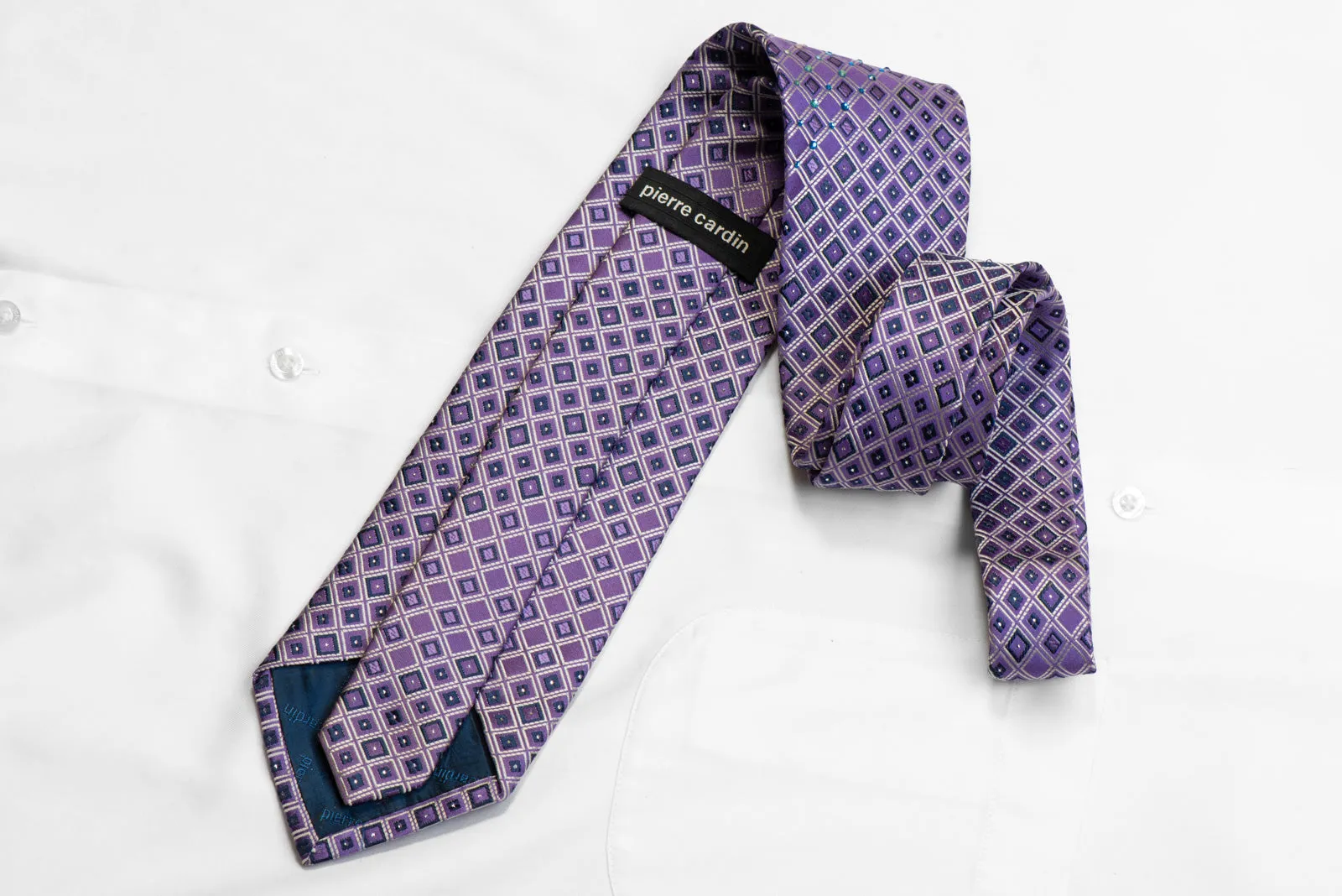 Pierre Cardin Men's Silk Necktie Silver Trellis On Mauve With Rhinestones & Sparkles