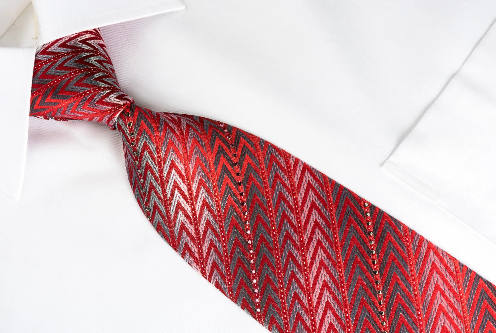 Pierre Cardin Rhinestone Necktie Silver Chevron On Red With Silver Sparkles