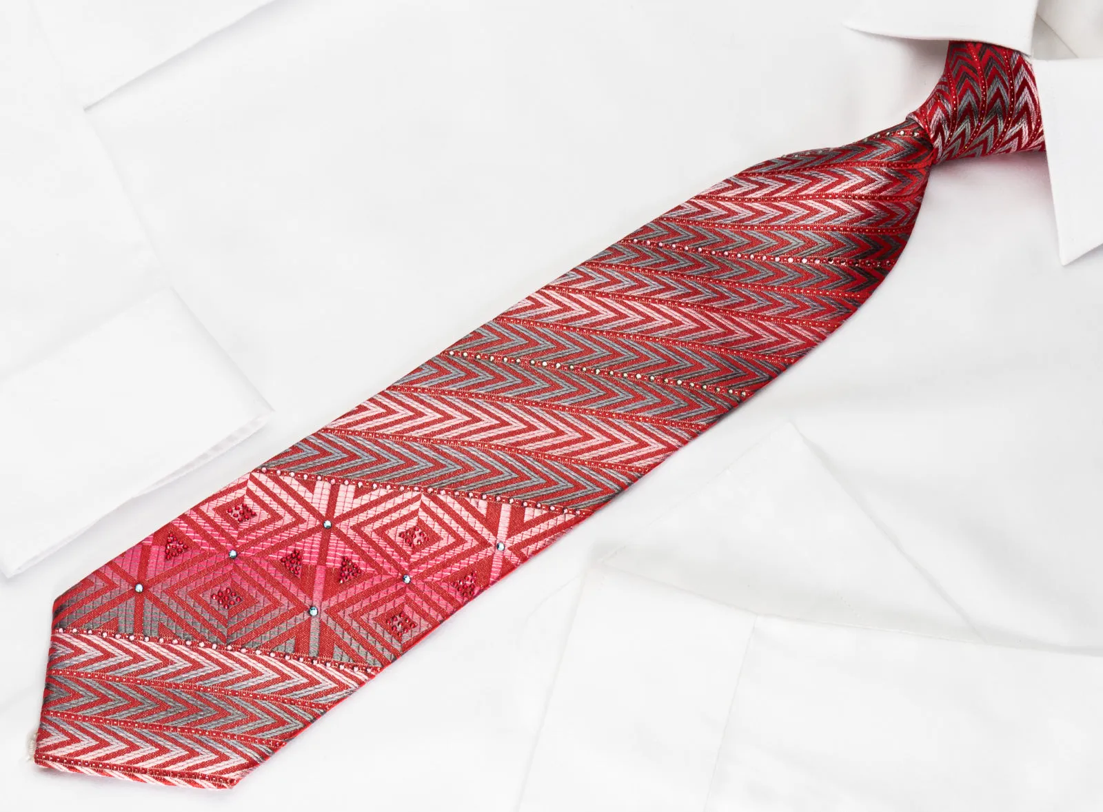 Pierre Cardin Rhinestone Necktie Silver Chevron On Red With Silver Sparkles