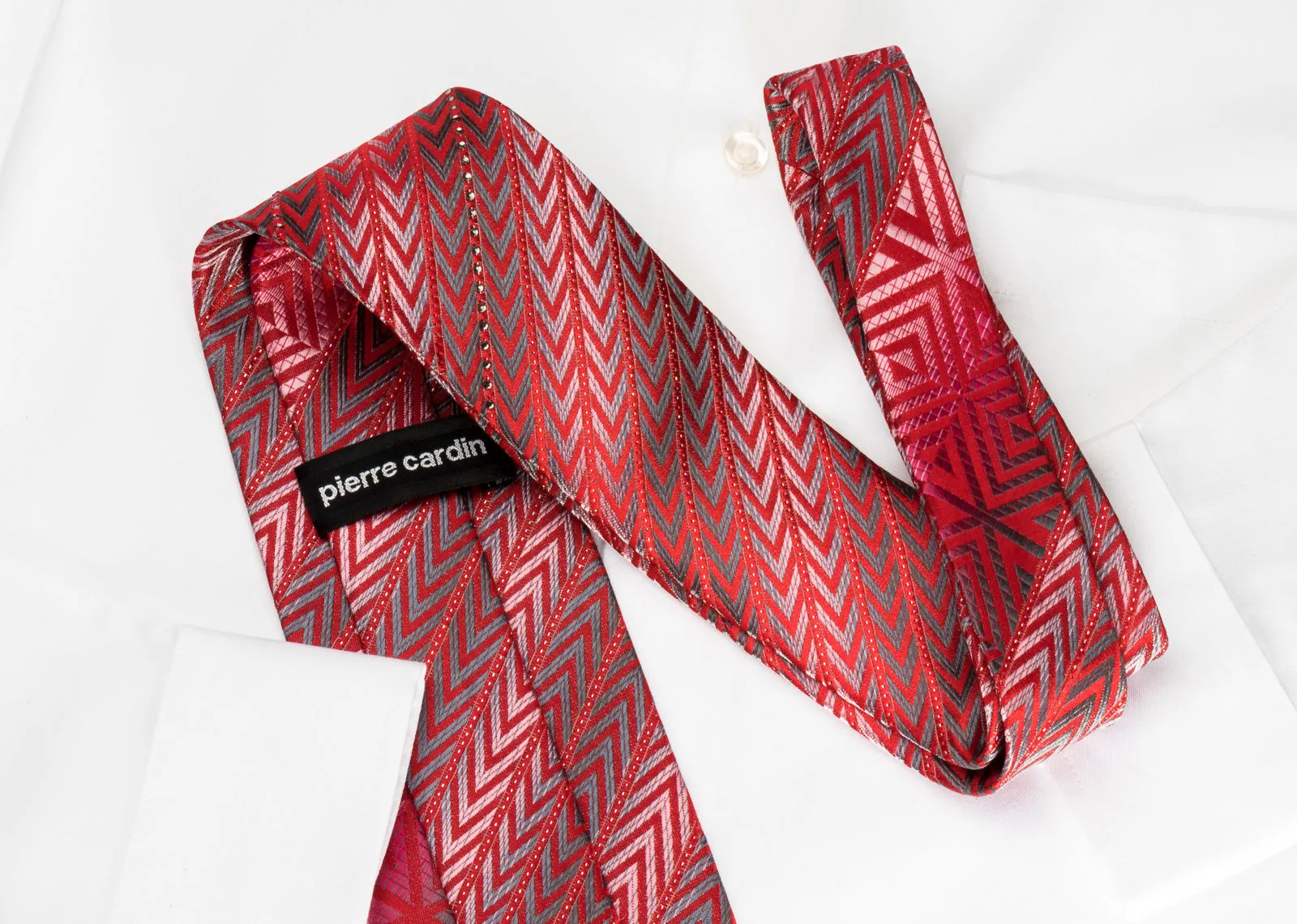 Pierre Cardin Rhinestone Necktie Silver Chevron On Red With Silver Sparkles